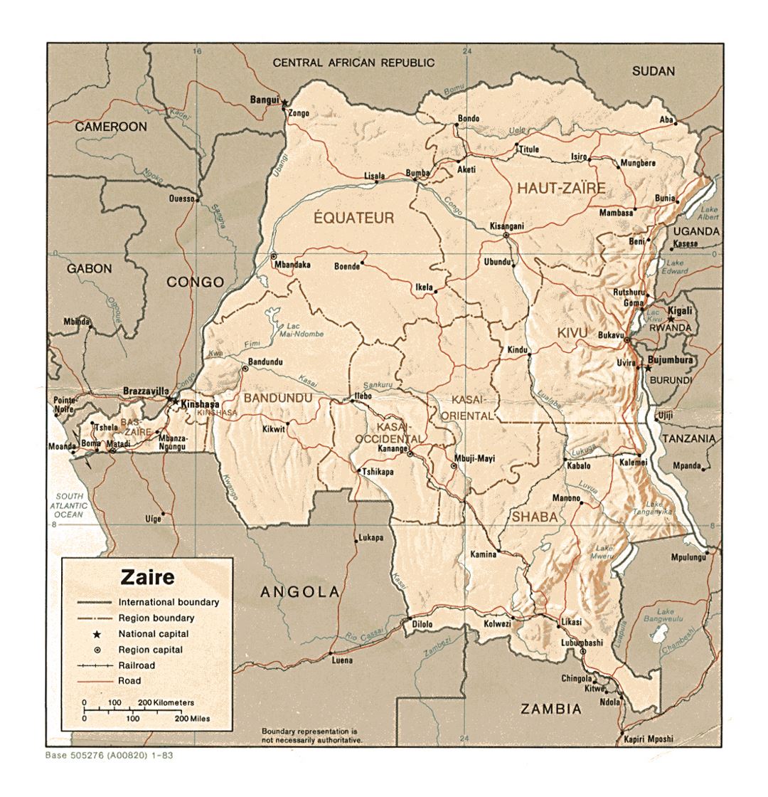 Детальная политическая и административная карта Демократической Республики Конго с рельефом, дорогами, железными дорогами и крупными городами - 1983