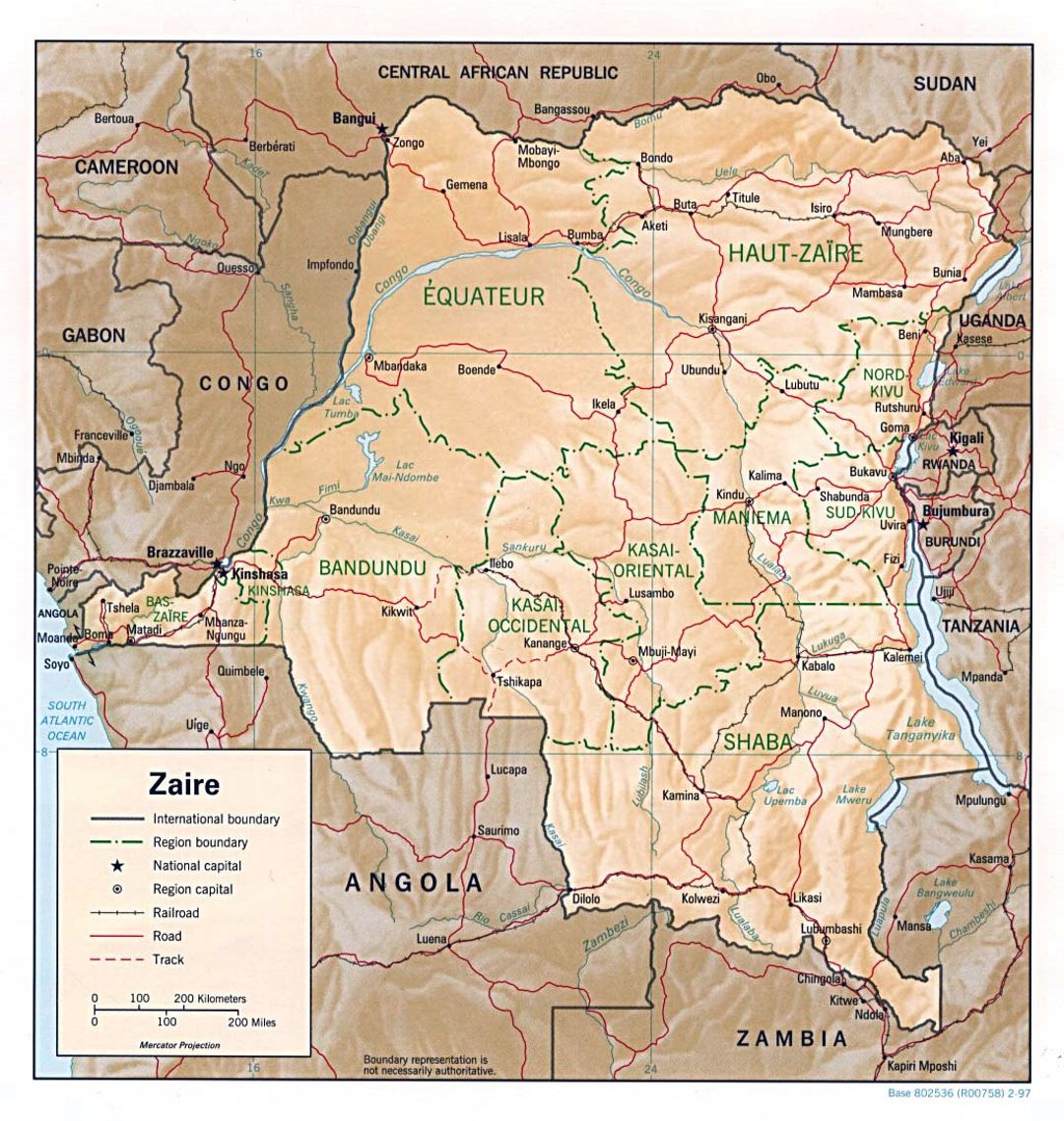 Детальная политическая и административная карта Демократической Республики Конго с рельефом, дорогами, железными дорогами и крупными городами - 1997