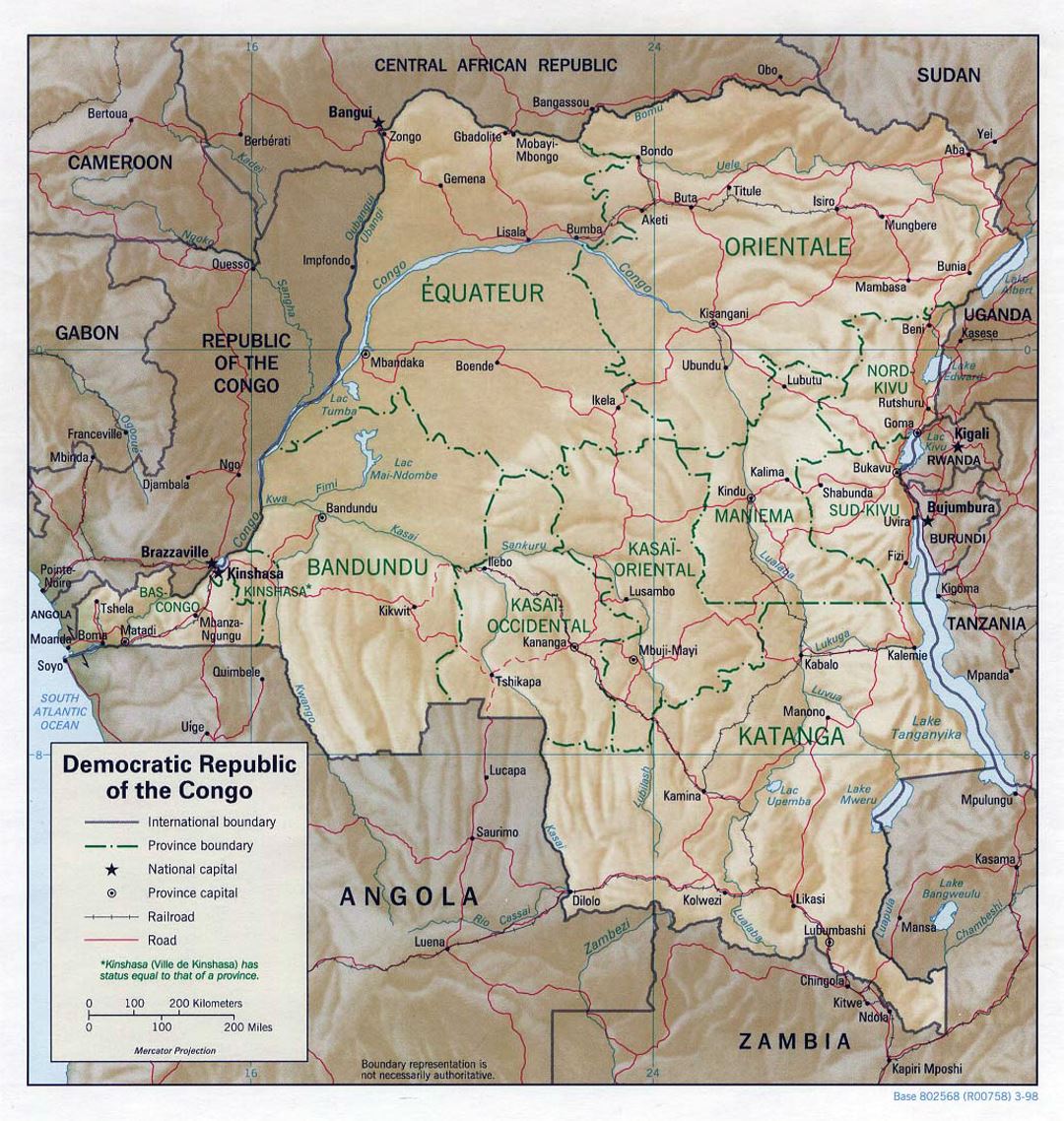 Детальная политическая и административная карта Демократической Республики Конго с рельефом, дорогами, железными дорогами и крупными городами - 1998