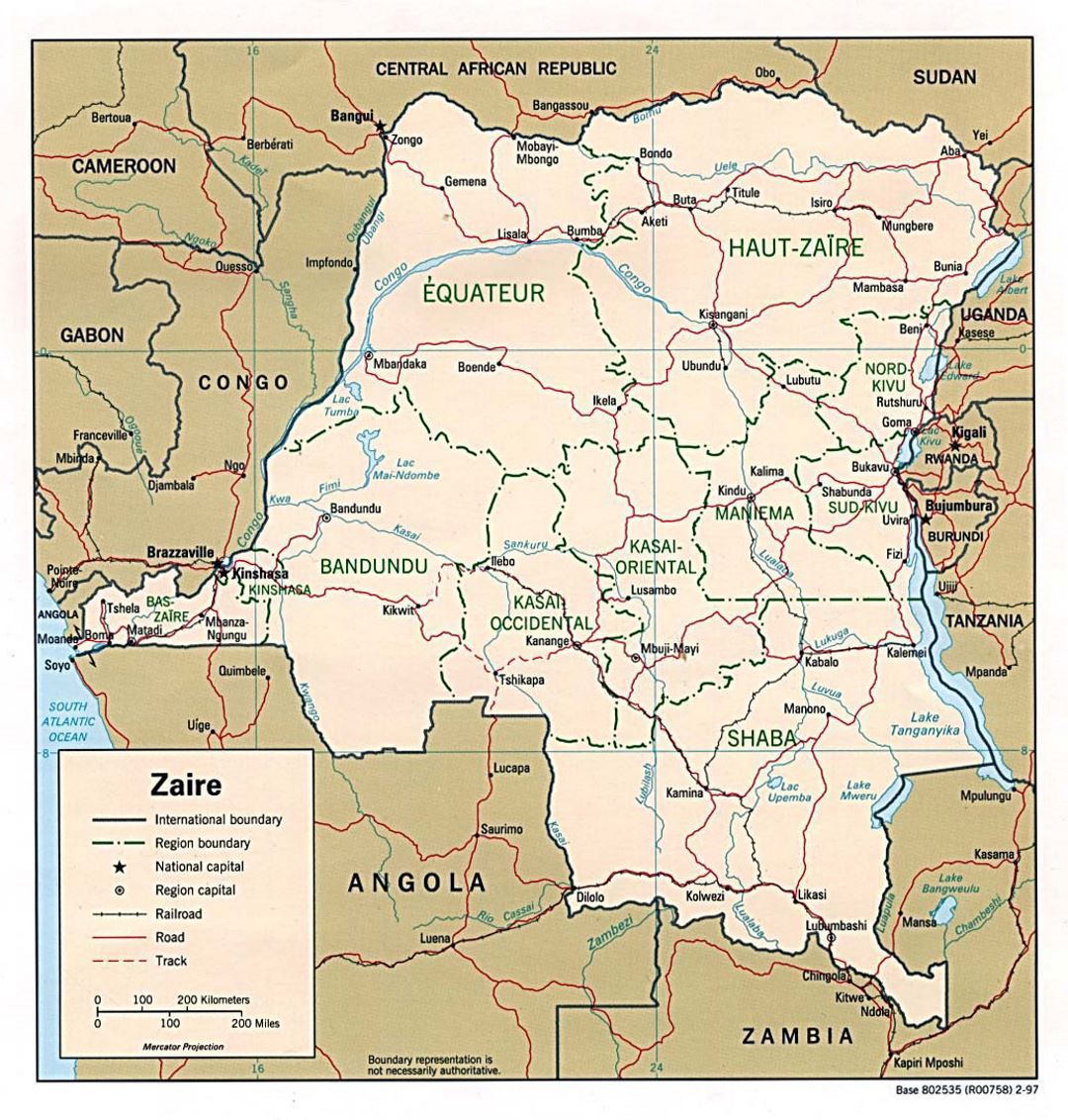 Детальная политическая и административная карта Демократической Республики Конго с дорогами, железными дорогами и крупными городами - 1997