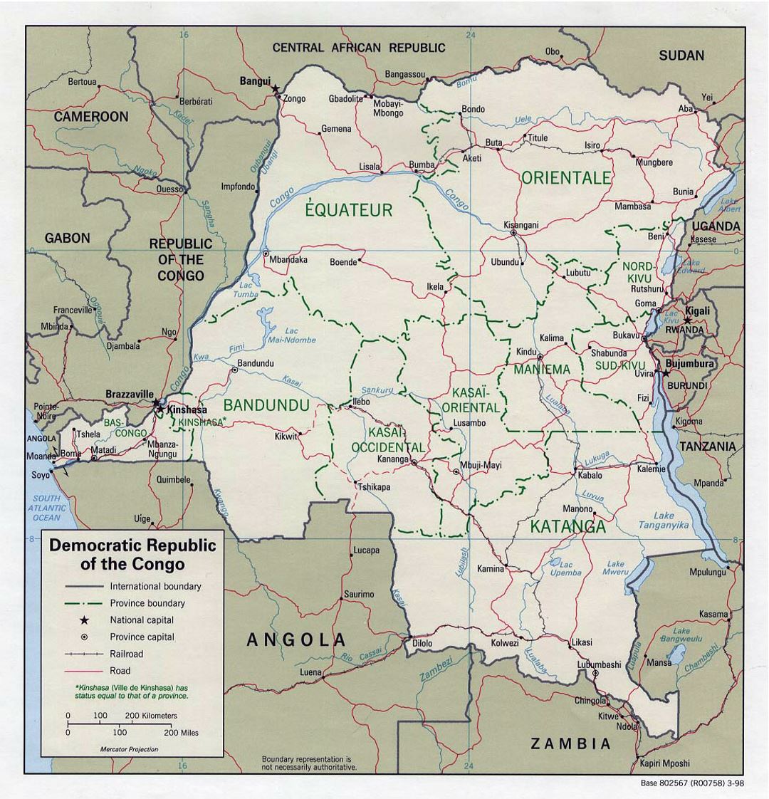 Детальная политическая и административная карта Демократической Республики Конго с дорогами, железными дорогами и крупными городами - 1998