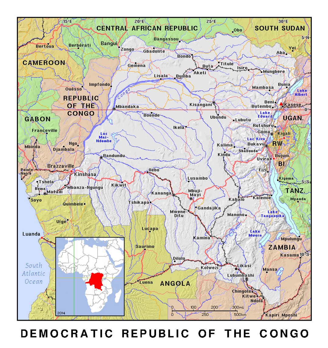 Детальная политическая карта Демократической Республики Конго с рельефом