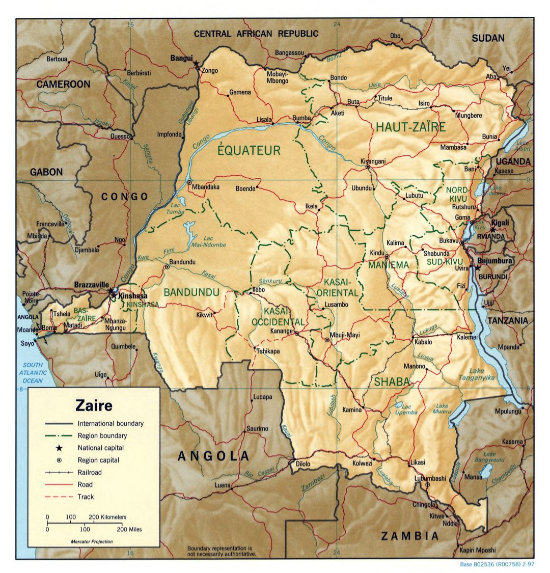 Большая детальная политическая и административная карта Демократической Республики Конго с рельефом, дорогами, железными дорогами и крупными городами - 1997