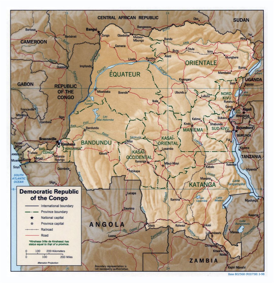 Большая детальная политическая и административная карта Демократической Республики Конго с рельефом, дорогами, железными дорогами и крупными городами - 1998