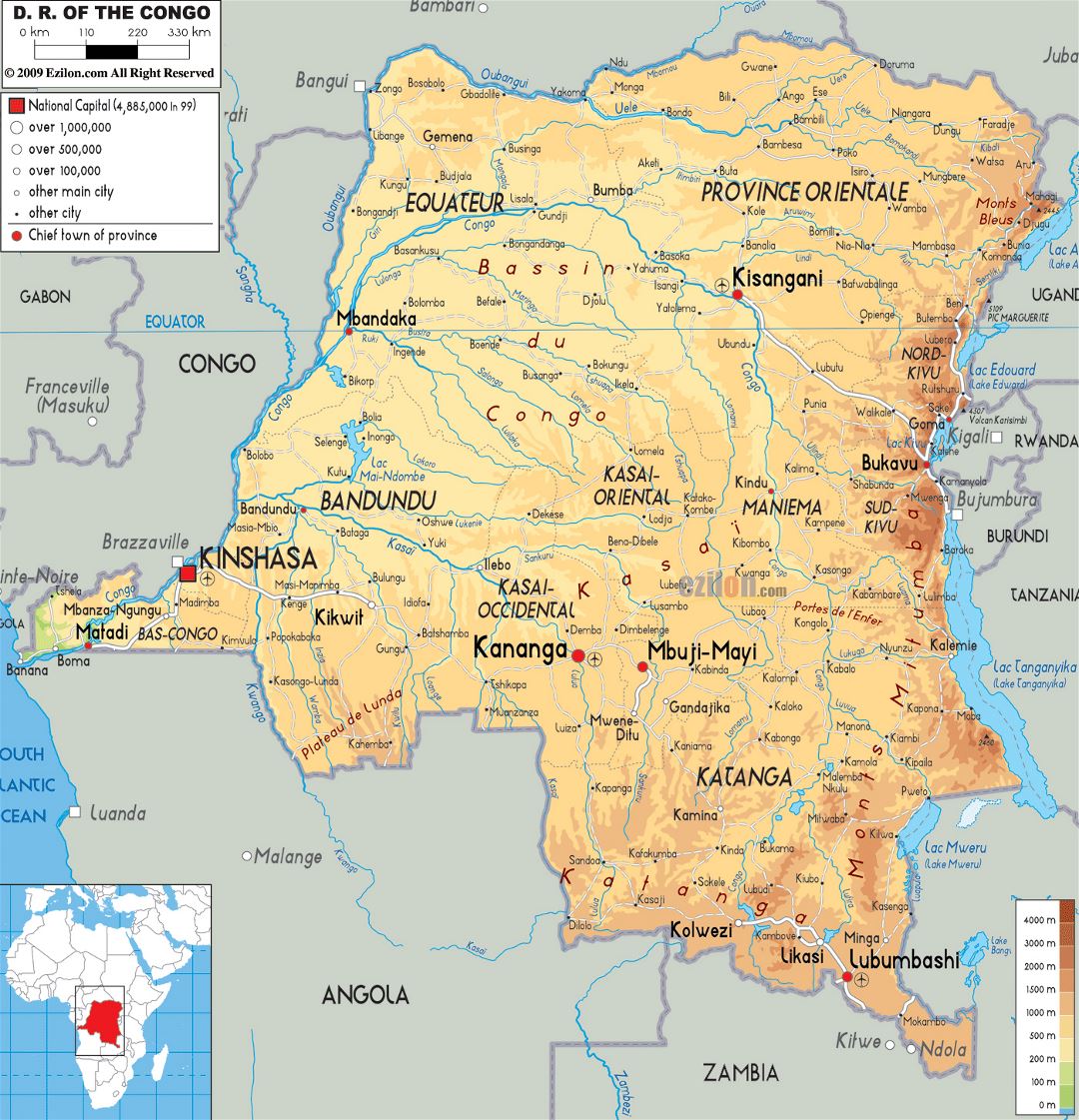 Большая физическая карта Демократической Республики Конго с дорогами, городами и аэропортами