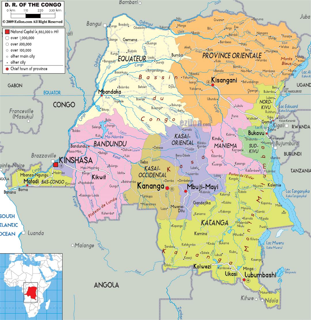 Большая политическая и административная карта Демократической Республики Конго с дорогами, городами и аэропортами