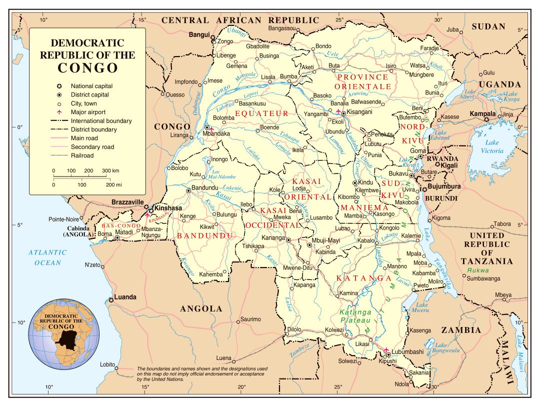 Большая политическая и административная карта Демократической Республики Конго с дорогами, железными дорогами, городами и аэропортами