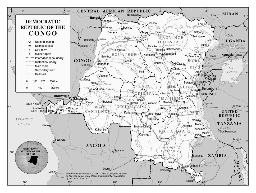 Большая политическая и административная карта Демократической Республики Конго с дорогами, железными дорогами, крупными городами и аэропортами