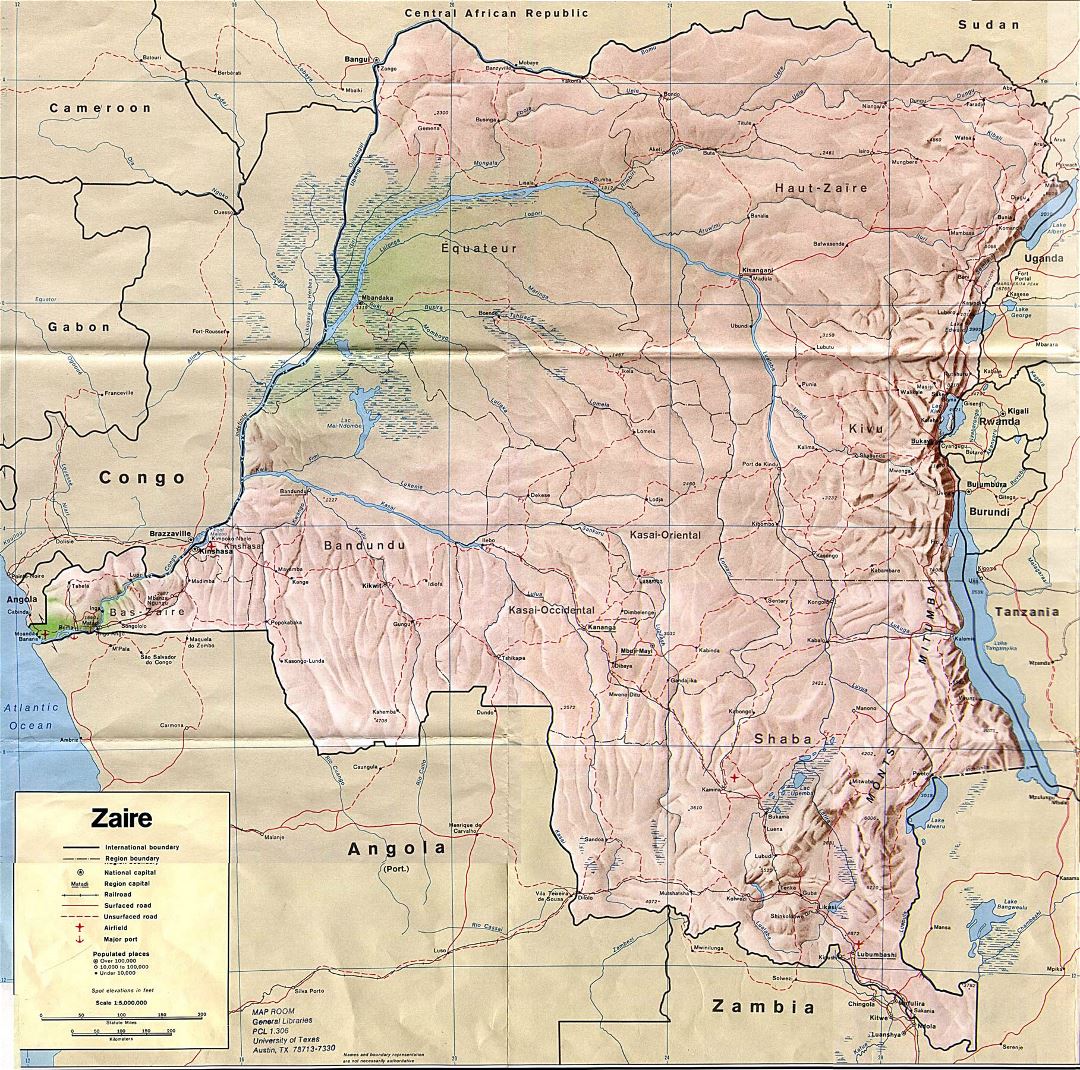 Большая политическая карта Заира с рельефом, дорогами, железными дорогами, городами, портами и аэропортами
