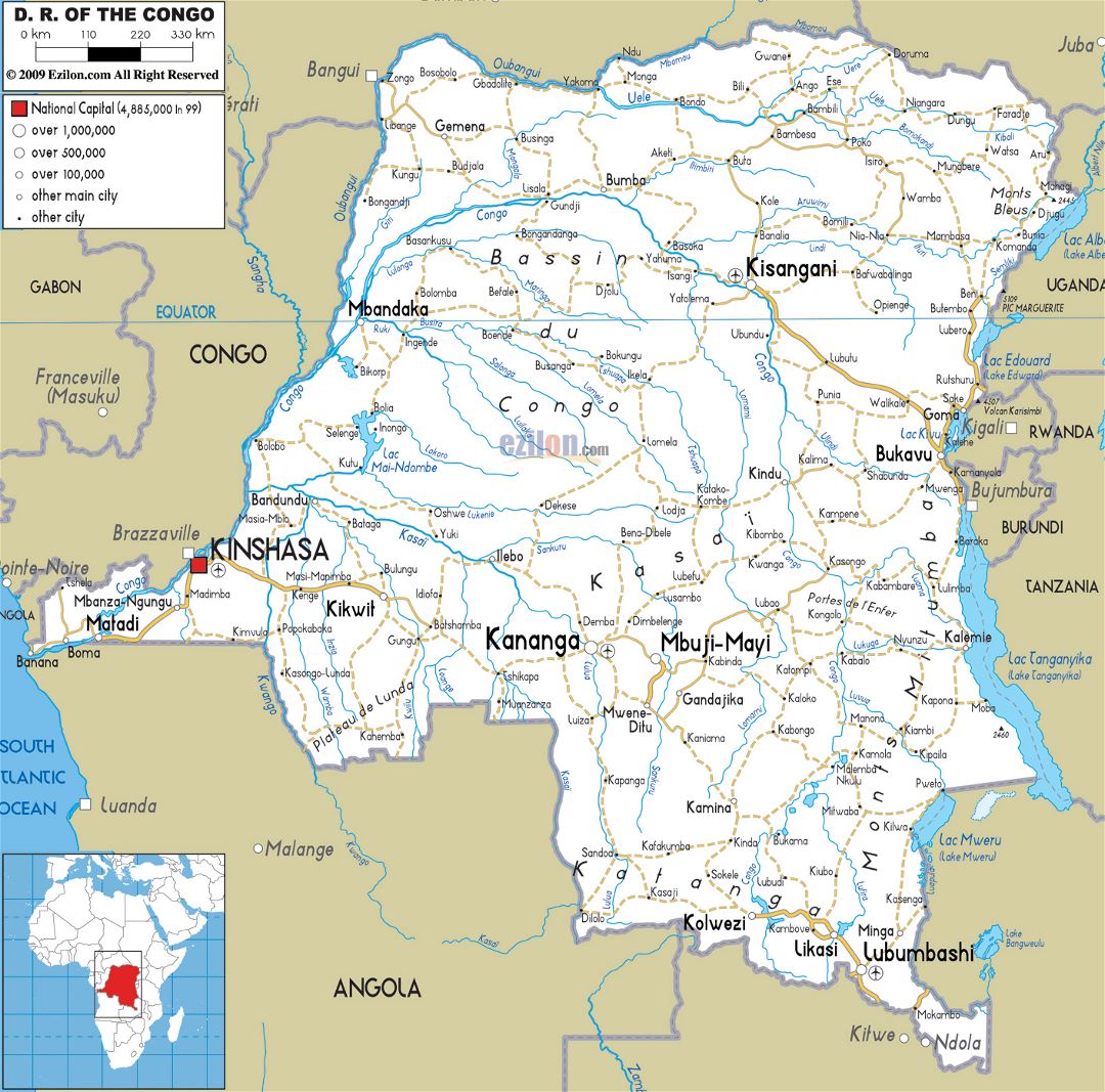 Большая карта дорог Демократической Республики Конго с городами и аэропортами