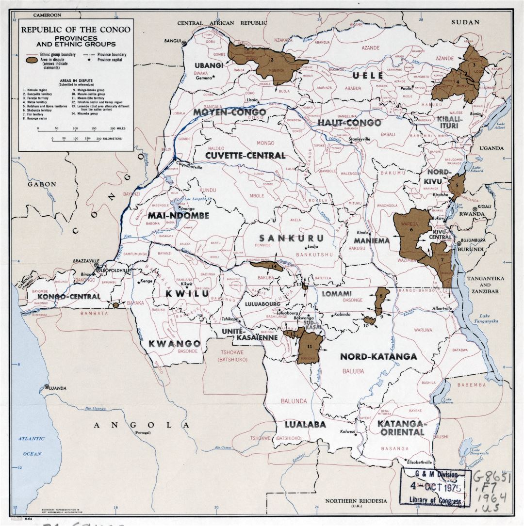 Крупномасштабная карта Республики Конго с провинциями и этническими группами - 1964