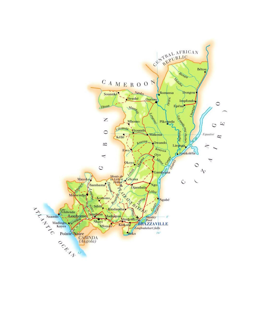 Детальная карта высот Конго с дорогами, городами и аэропортами