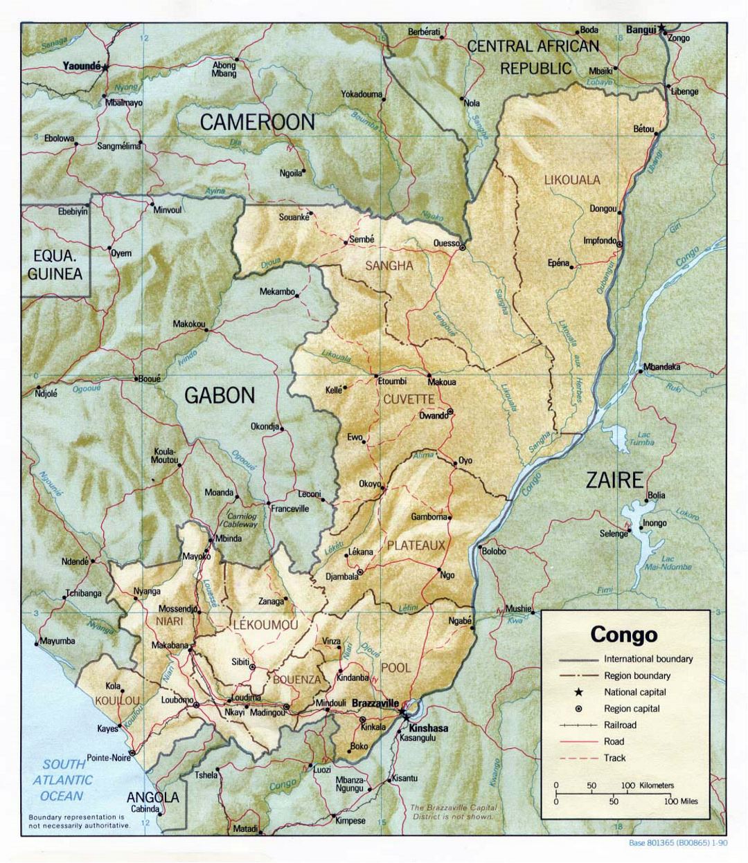 Детальная политическая и административная карта Конго с рельефом, дорогами, железными дорогами и крупными городами - 1990