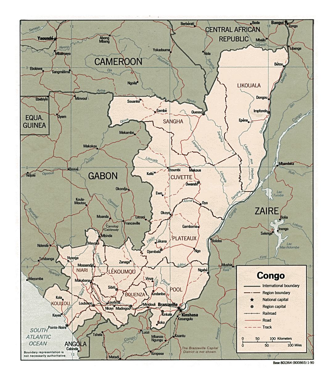 Детальная политическая и административная карта Конго с дорогами, железными дорогами и крупными городами - 1990
