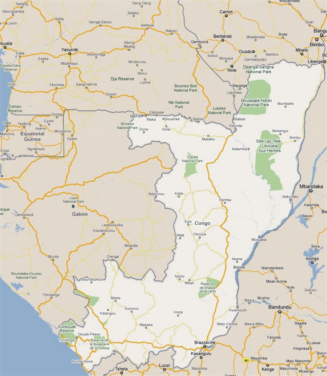 Детальная карта дорог Республики Конго с городами