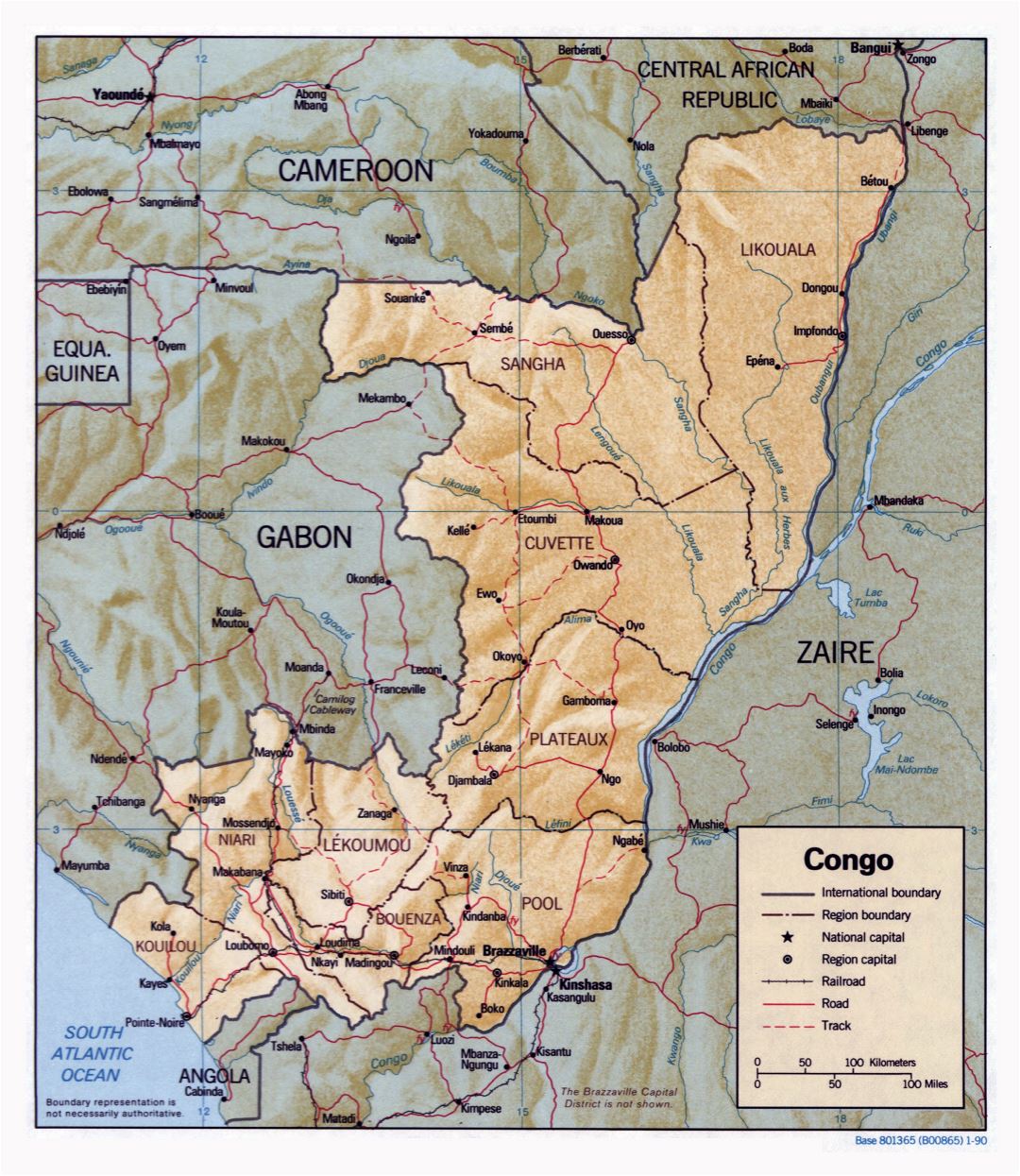 Большая детальная политическая и административная карта Конго с рельефом, дорогами, железными дорогами и крупными городами - 1990
