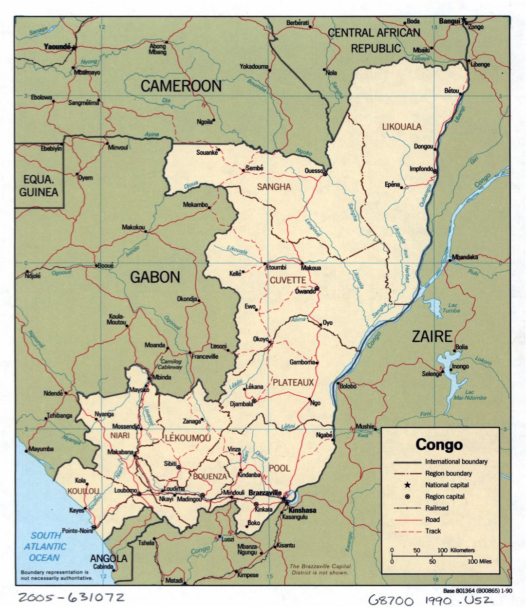 Большая детальная политическая и административная карта Конго с дорогами, железными дорогами и крупными городами - 1990