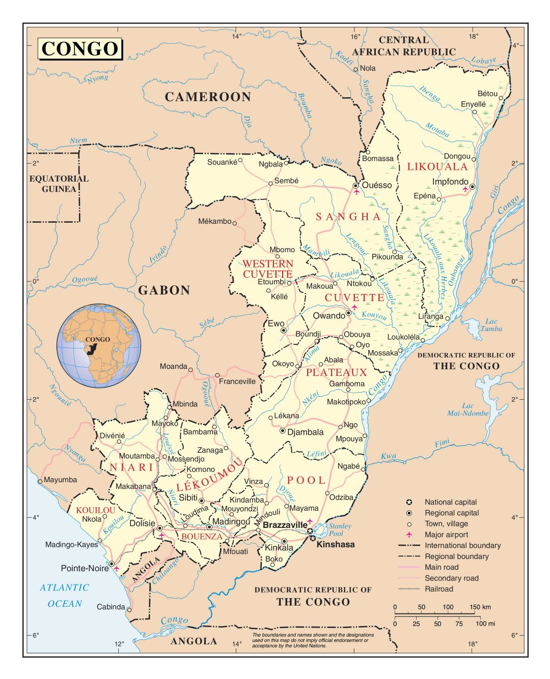 Большая детальная политическая и административная карта Республики Конго с дорогами, железными дорогами, городами и аэропортами