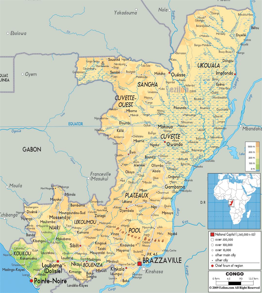 Большая физическая карта Конго с дорогами, городами и аэропортами