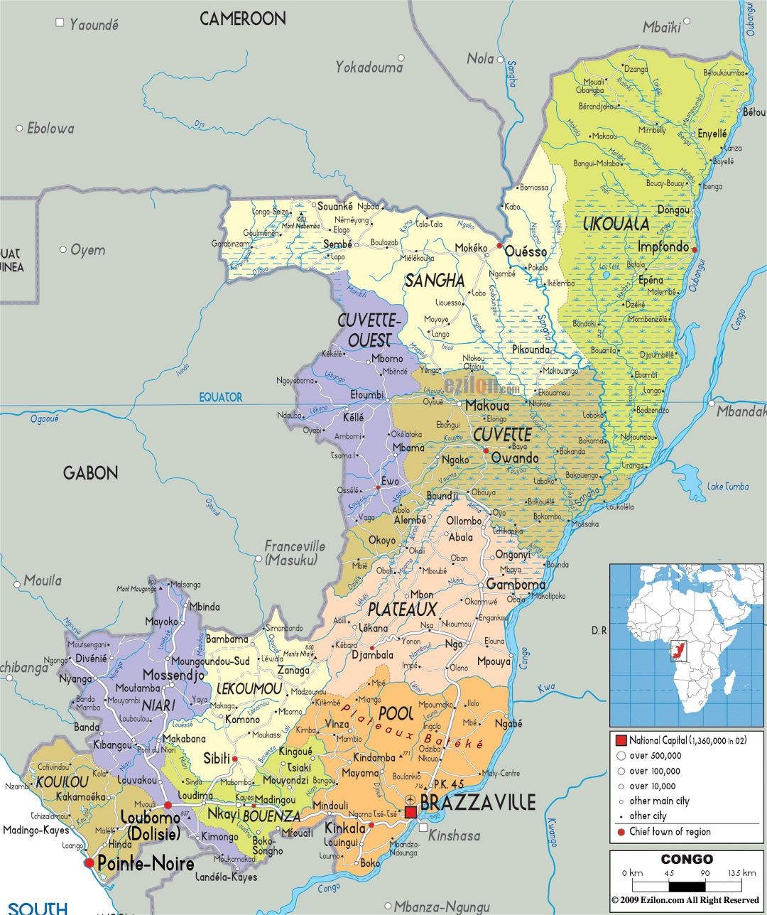 Большая политическая и административная карта Конго с дорогами, городами и аэропортами