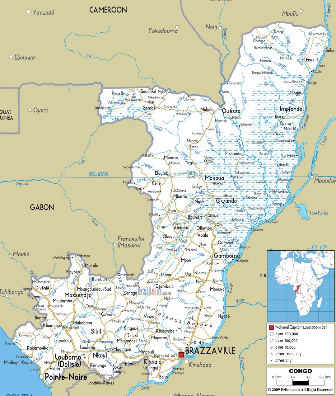 Большая карта дорог Конго с городами и аэропортами