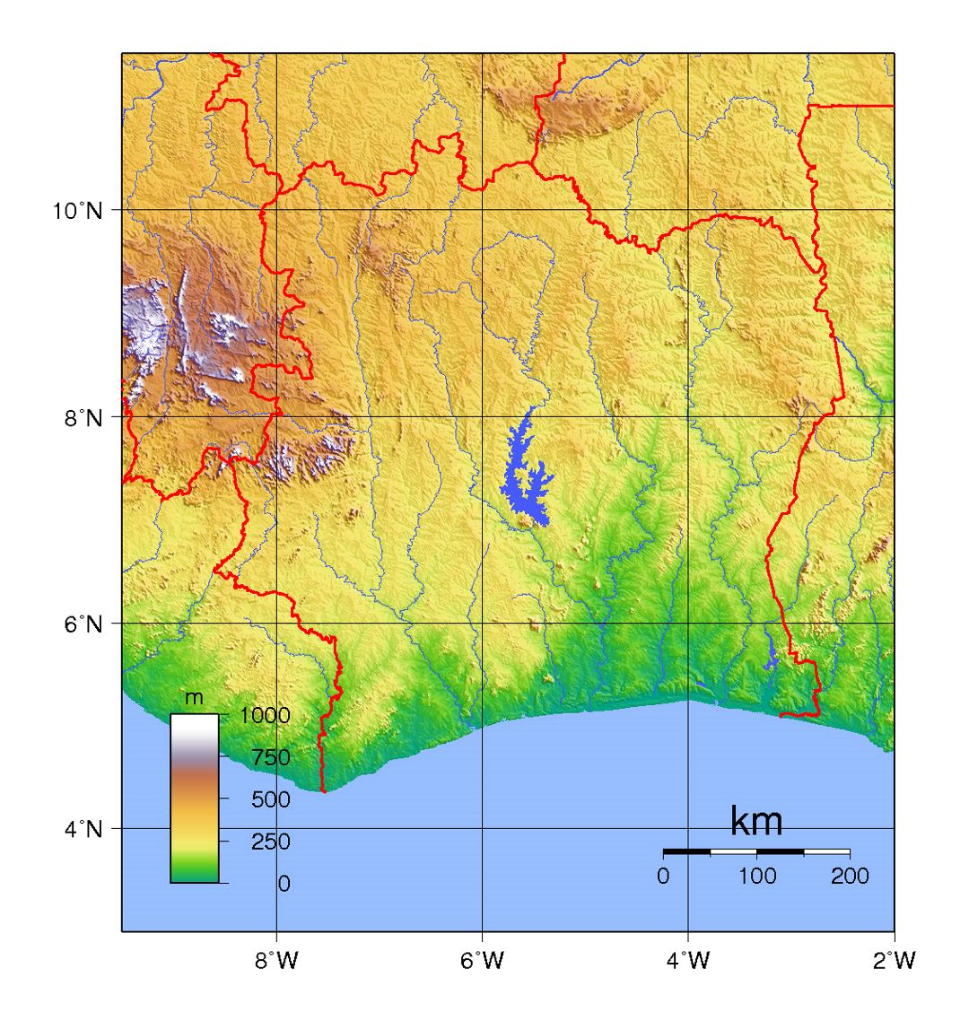 Детальная физическая карта Кот-д'Ивуара