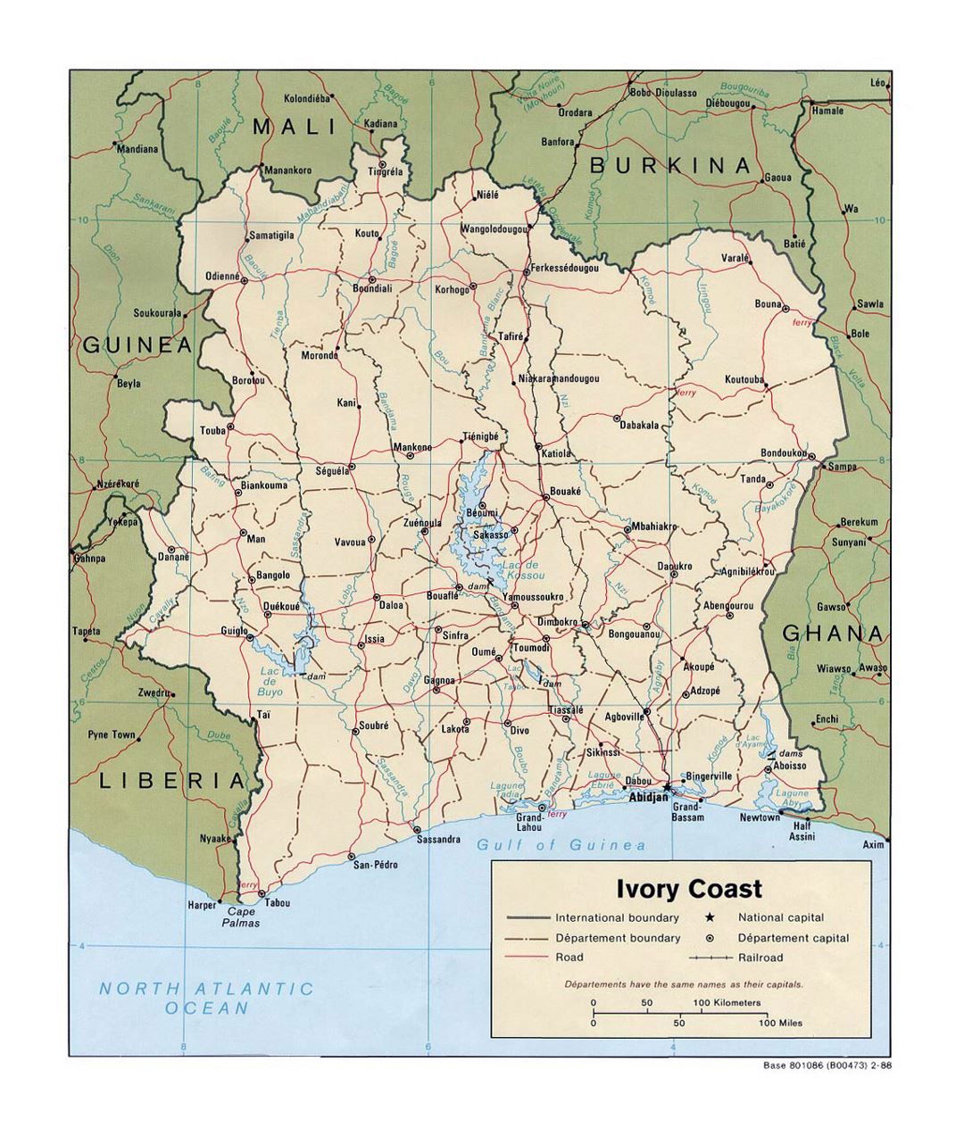 Детальная политическая и административная карта Кот-д'Ивуара с дорогами, железными дорогами и крупными городами - 1988