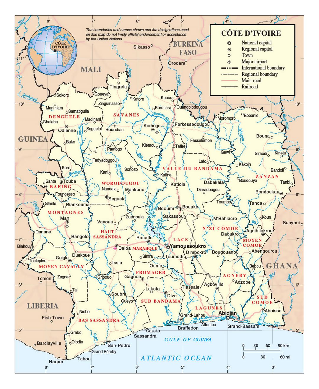 Детальная политическая и административная карта Кот-д'Ивуара с дорогами, железными дорогами, городами и аэропортами