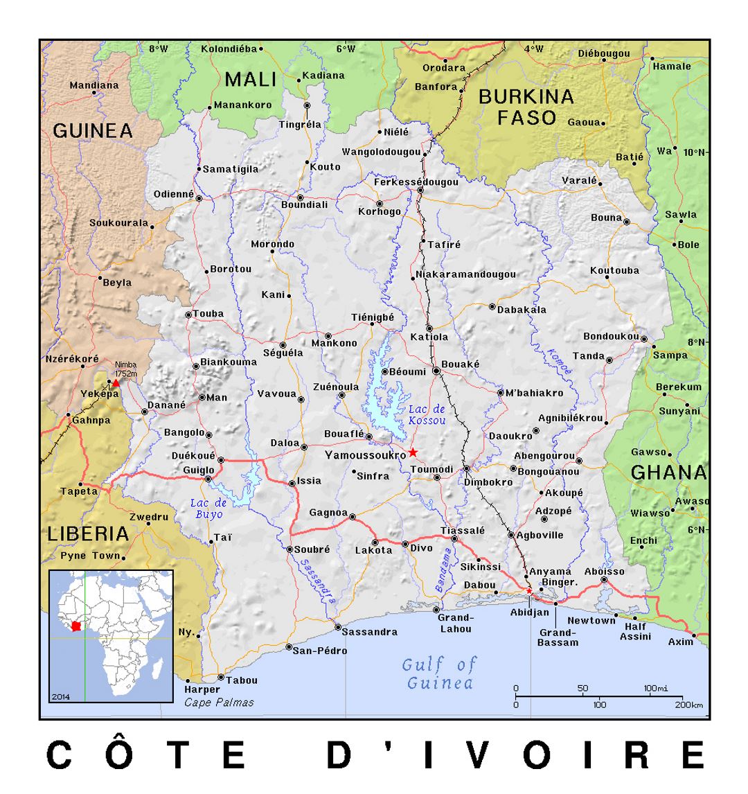 Детальная политическая карта Кот-д'Ивуара с рельефом
