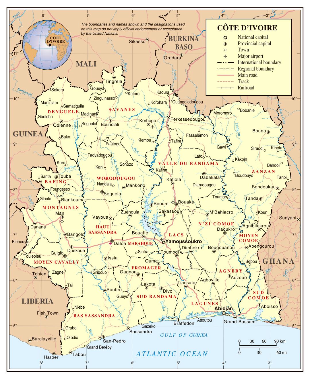 Большая детальная политическая и административная карта Кот-д'Ивуара с дорогами, железными дорогами, городами и аэропортами