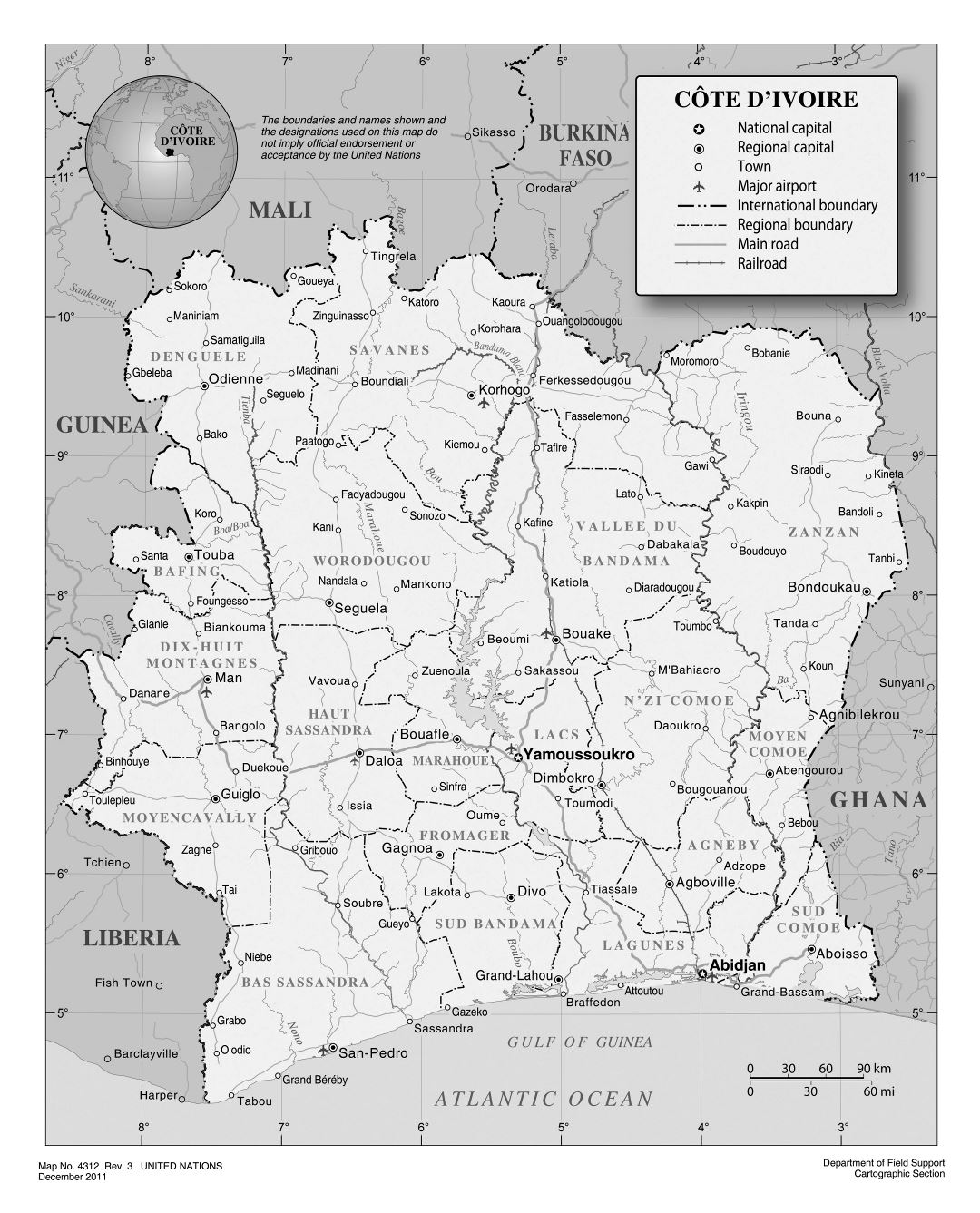 Большая детальная политическая и административная карта Кот-д'Ивуара с дорогами, железными дорогами, крупными городами и аэропортами