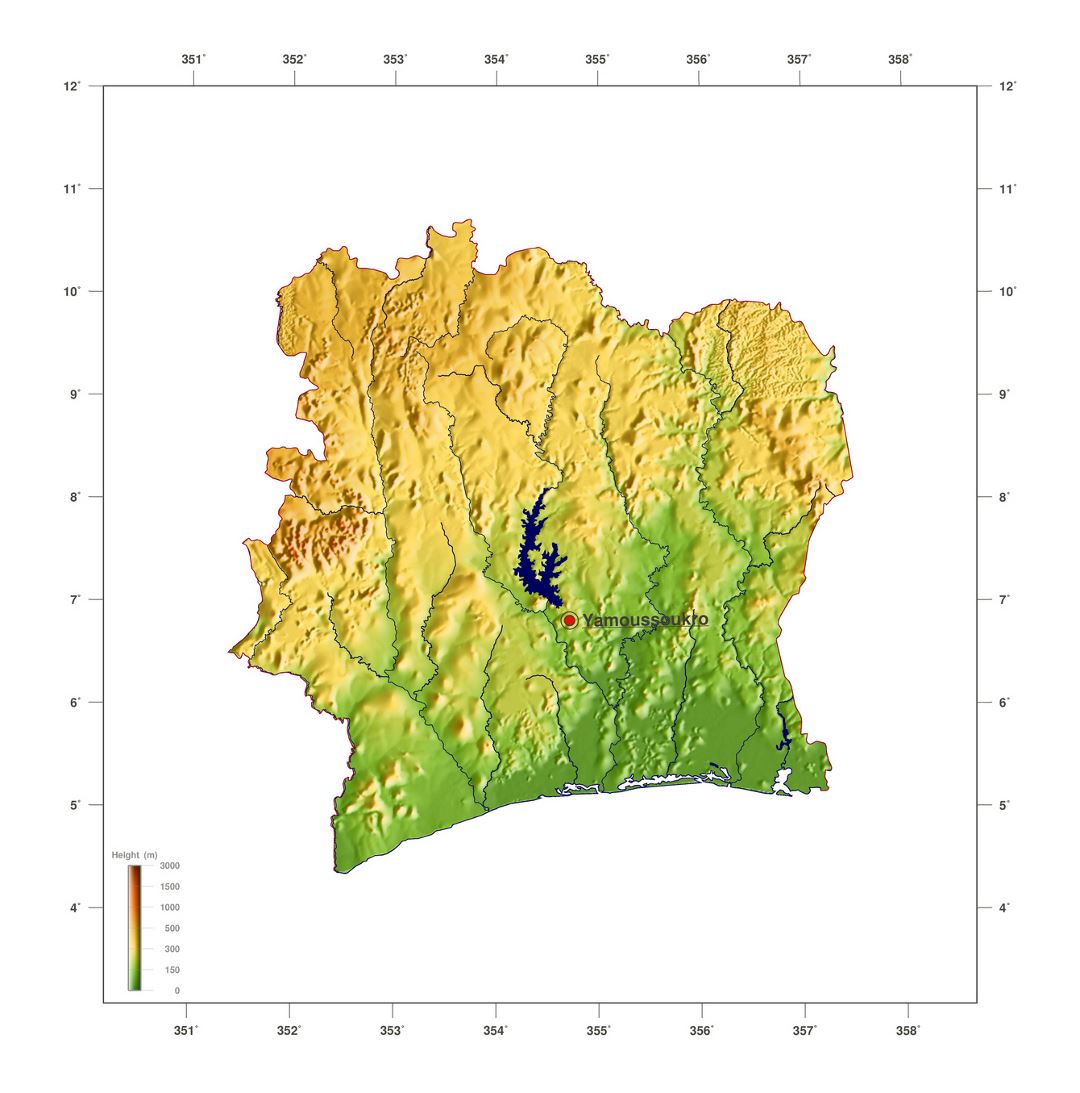 Большая карта высот Кот-д'Ивуар