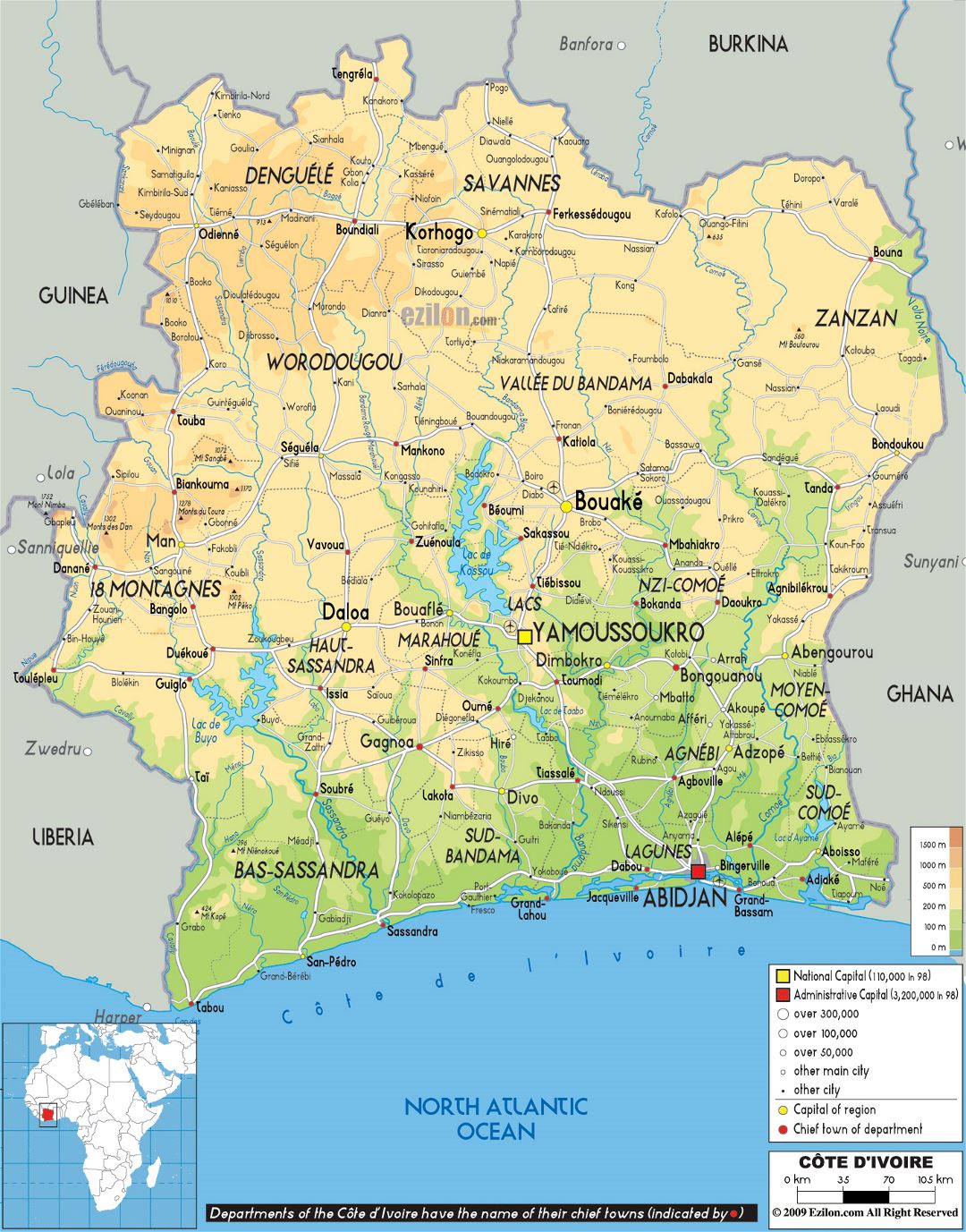 Большая физическая карта Кот-д'Ивуара с дорогами, городами и аэропортами