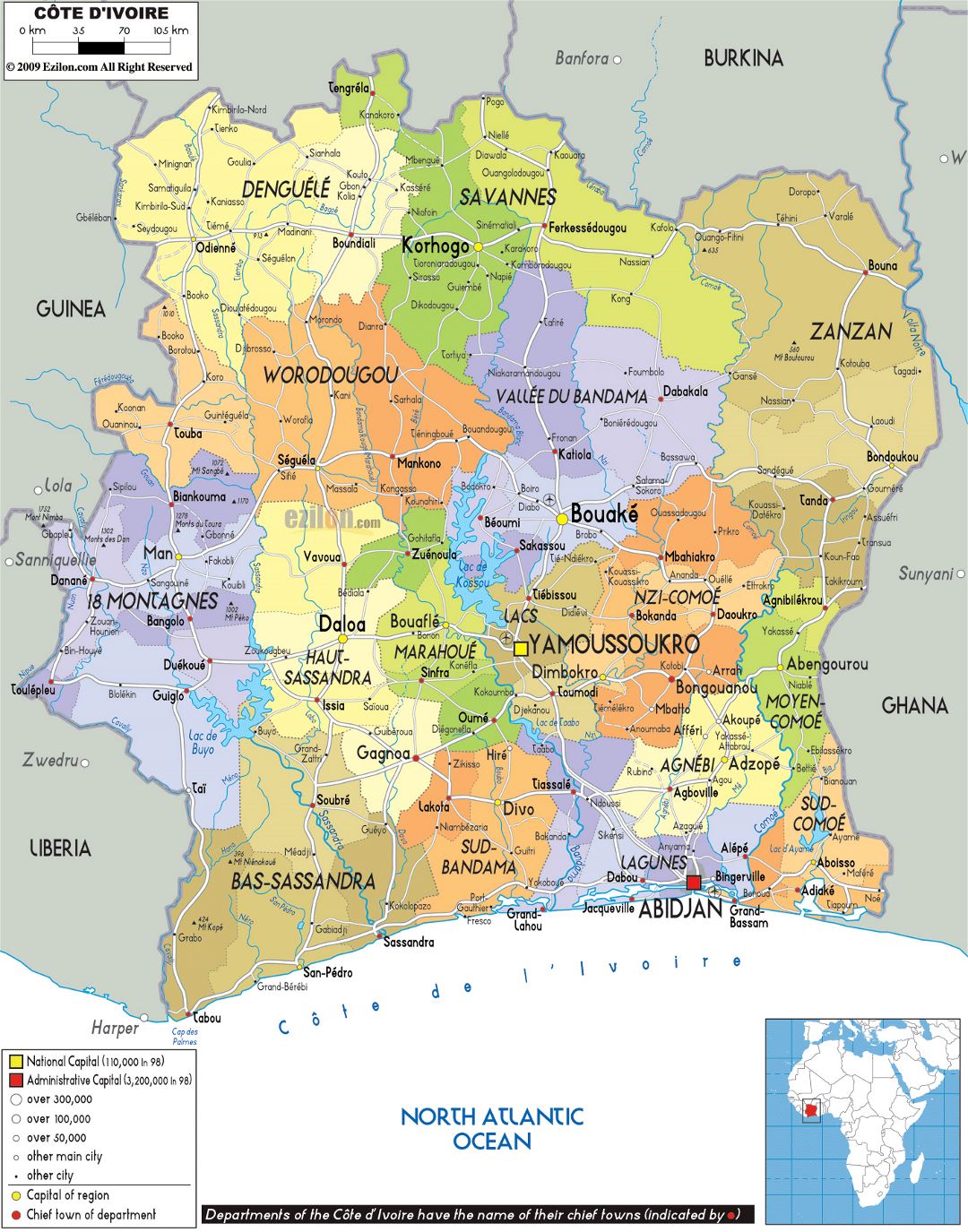 Большая политическая и административная карта Кот-д'Ивуара с дорогами, городами и аэропортами