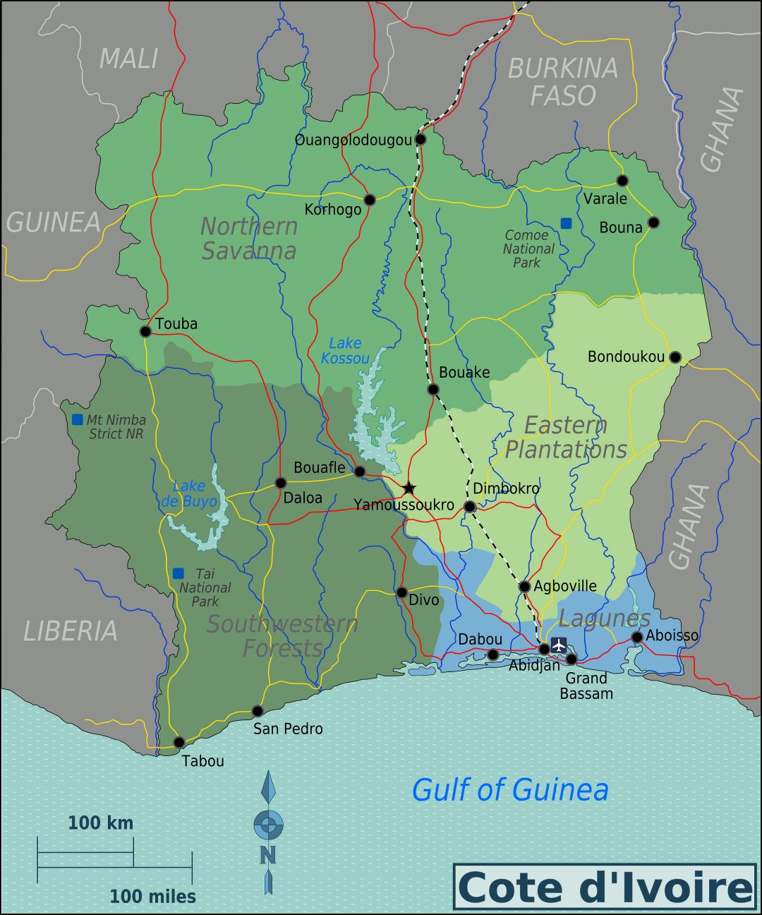 Большая карта регионов Кот-д'Ивуара