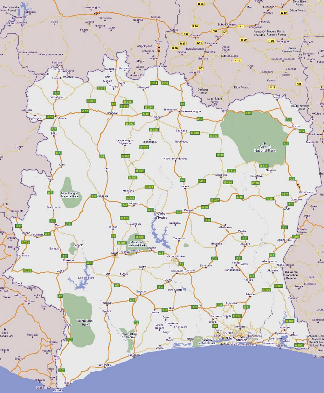 Большая карта дорог Кот-д'Ивуара со всеми городами