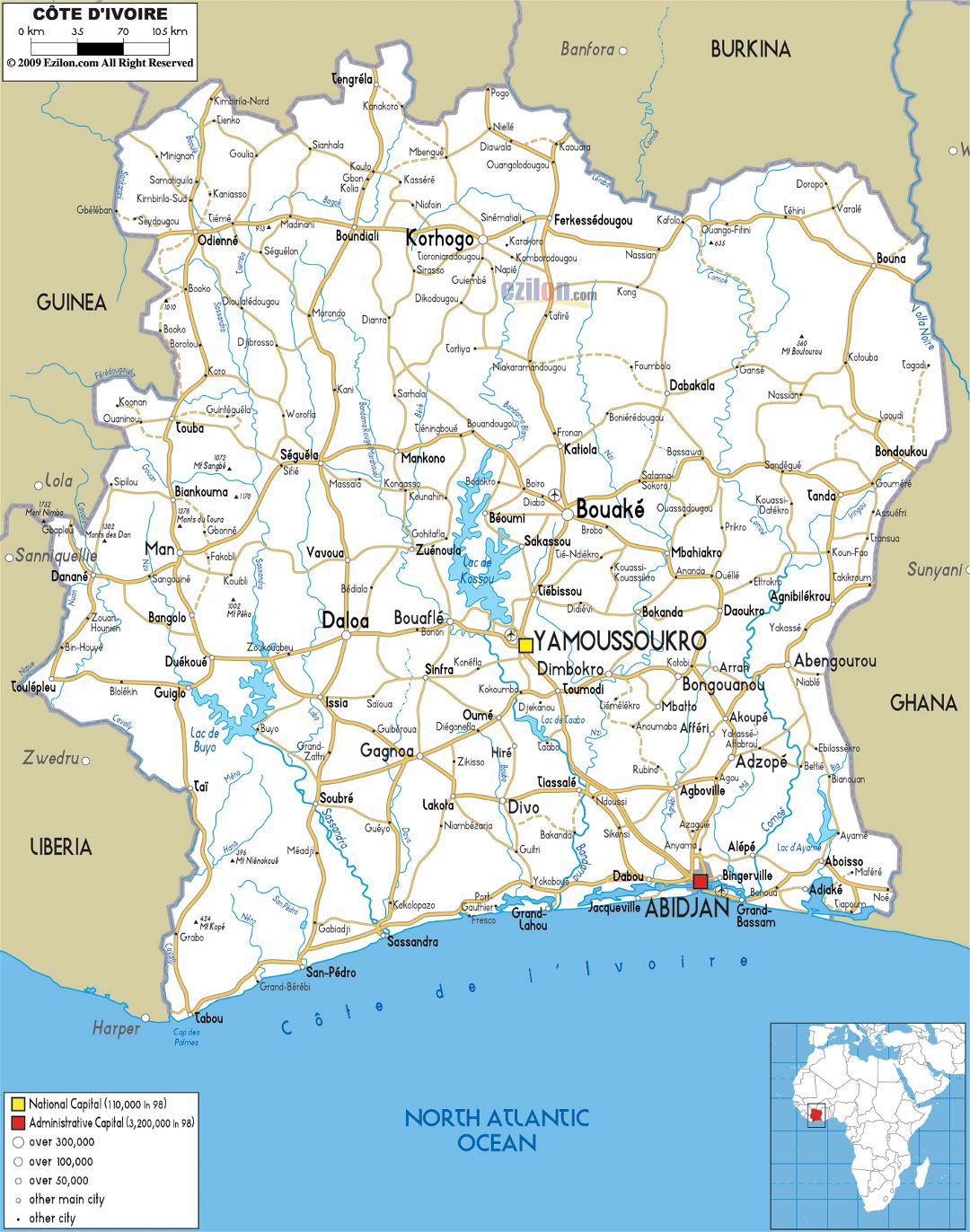 Большая карта дорог Кот-д'Ивуара с городами и аэропортами