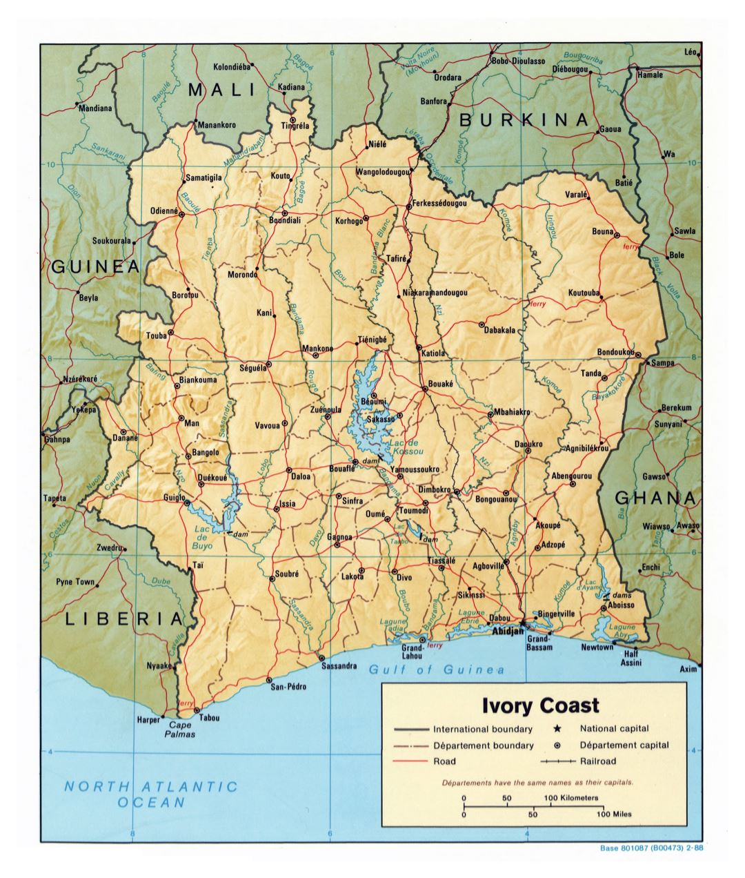 Крупномасштабная политическая и административная карта Кот-д'Ивуара с рельефом, дорогами, железными дорогами и крупными городами - 1988