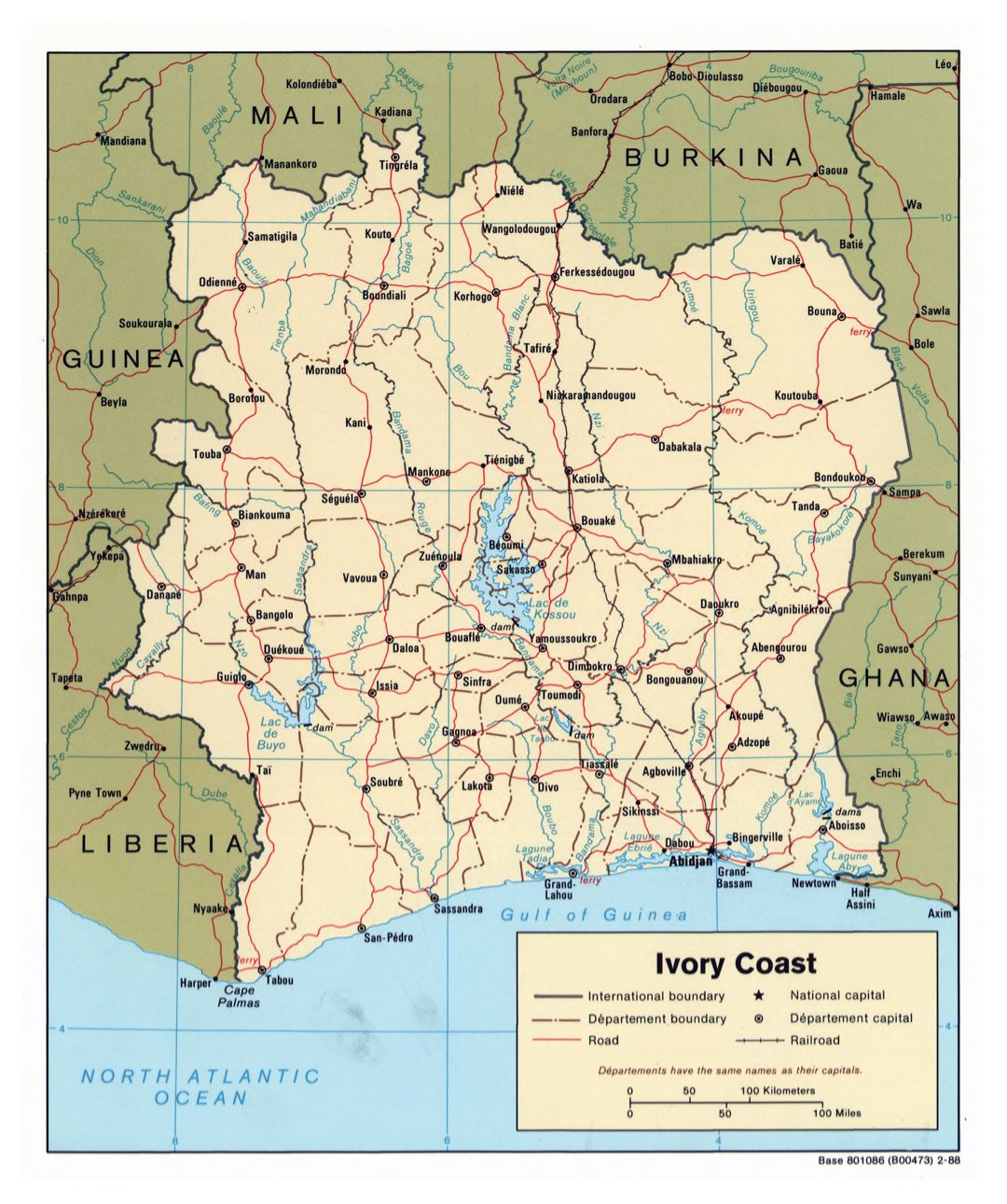 Крупномасштабная политическая и административная карта Кот-д'Ивуара с дорогами, железными дорогами и крупными городами - 1988