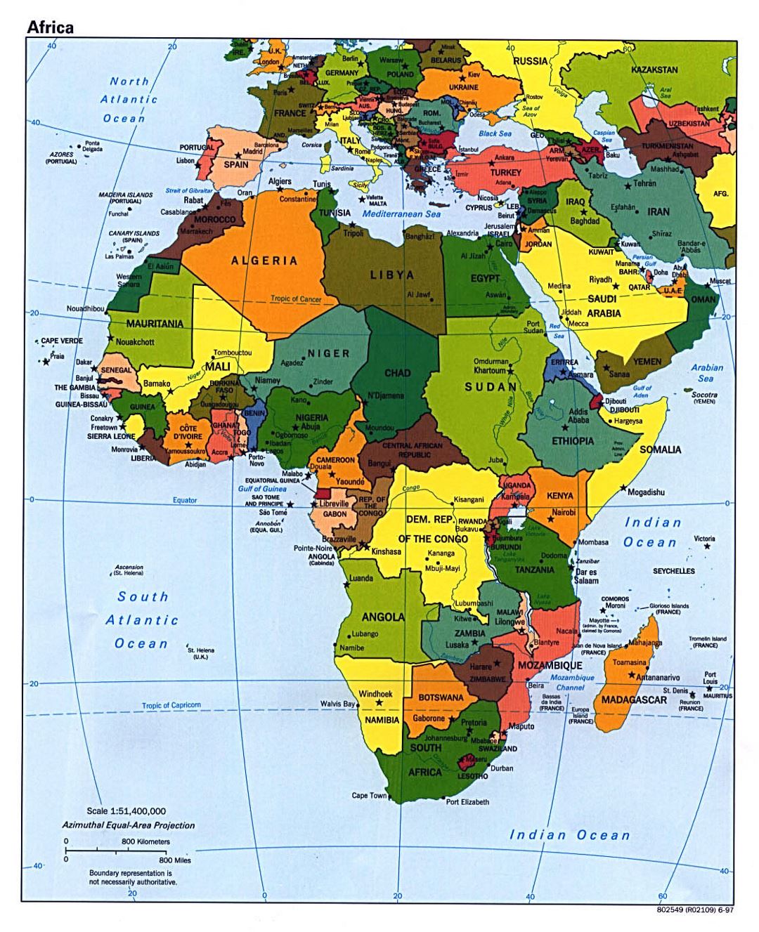 Подробная политическая карта Африки со столицами стран - 1997