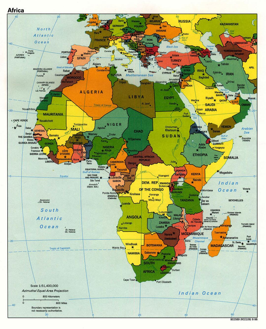 Детальная политическая карта Африки со столицами - 1998