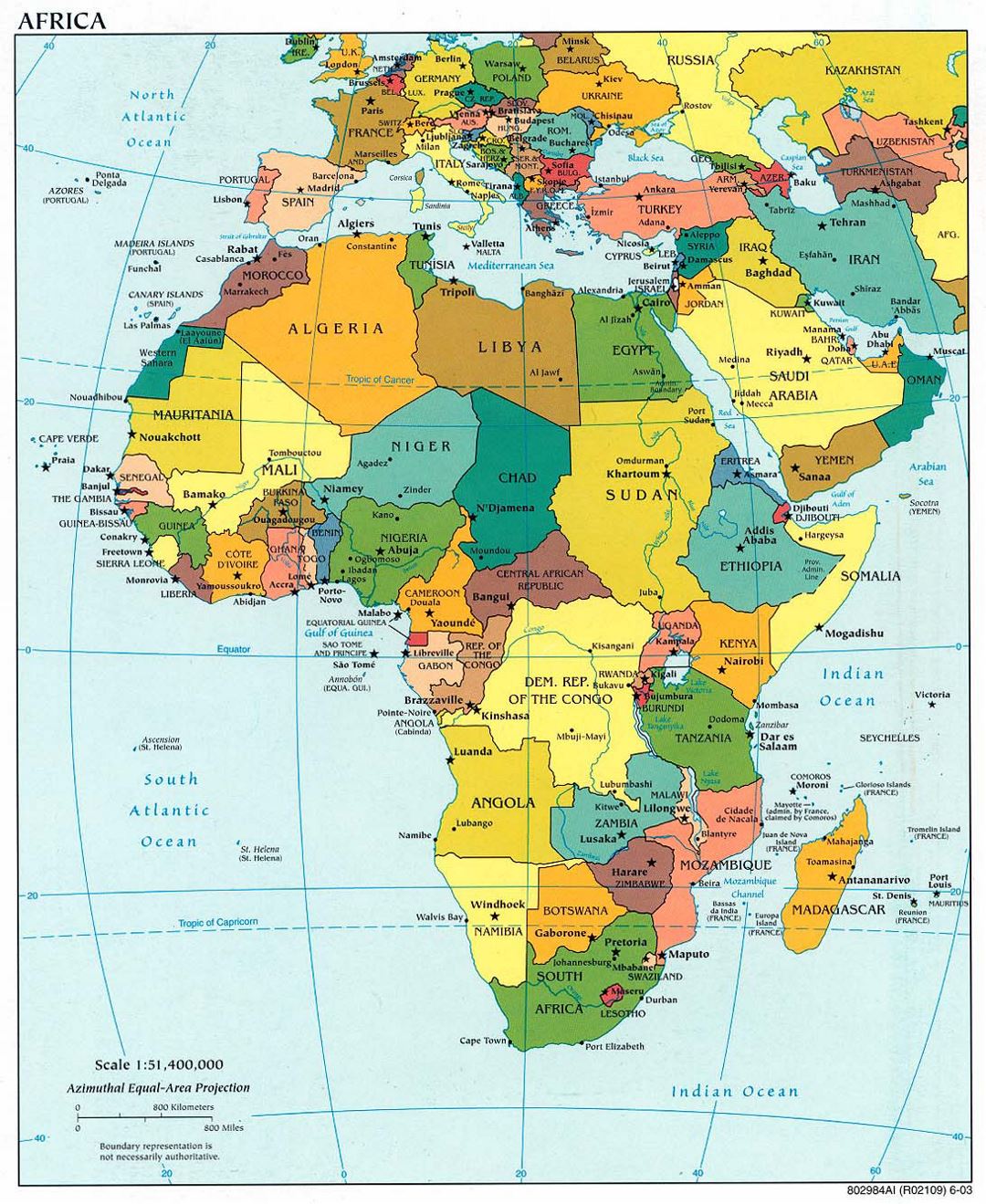 Подробная политическая карта Африки 2003 года со столицами стран