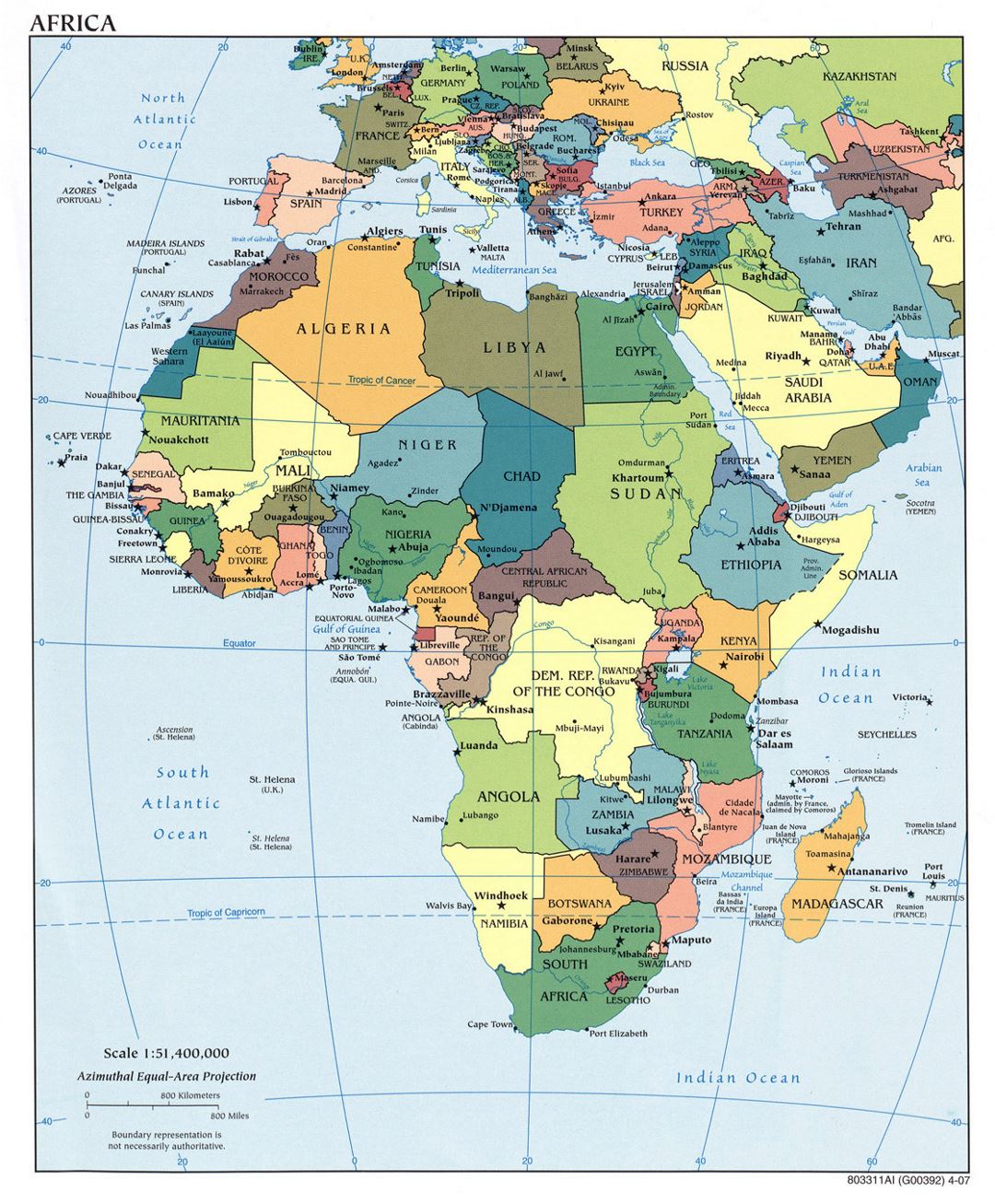Детальная политическая карта Африки с крупными городами и столицами - 2007