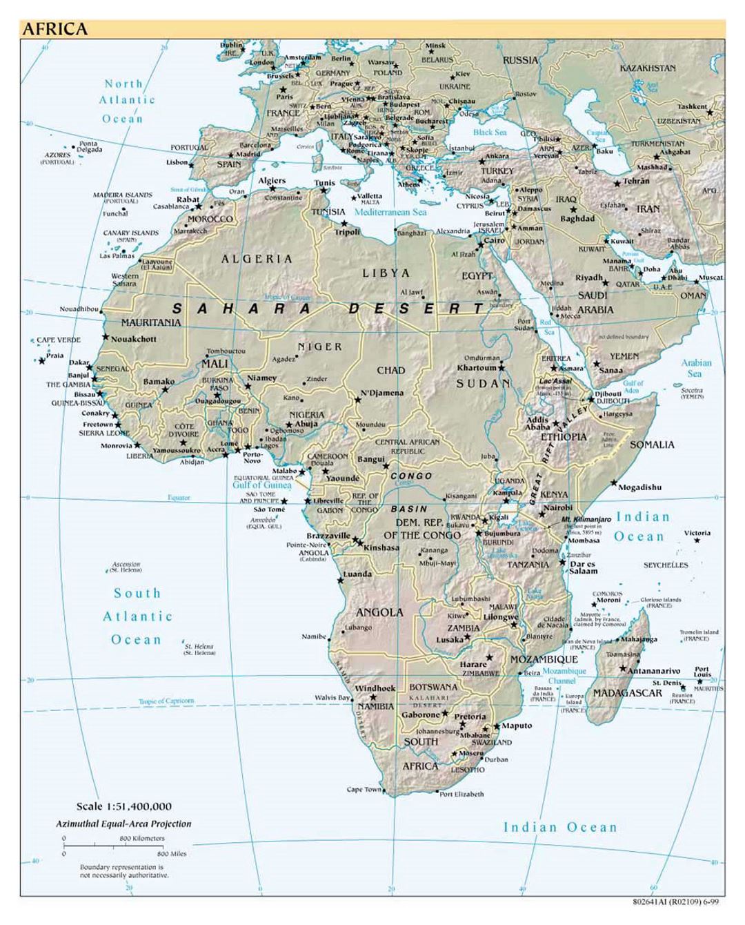 Детальная политическая карта Африки с рельефом и столицами - 1999