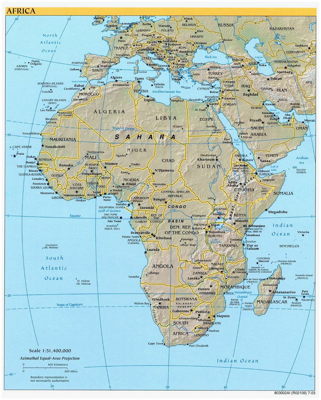 Детальная политическая карта Африки 2003 года с рельефом и столицами стран
