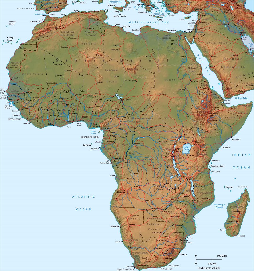 Подробная политическая карта Африки с рельефом