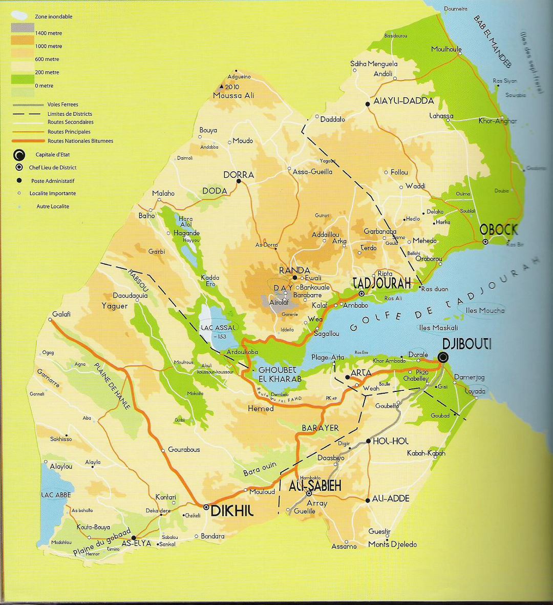 Детальная карта высот Джибути с дорогами и городами