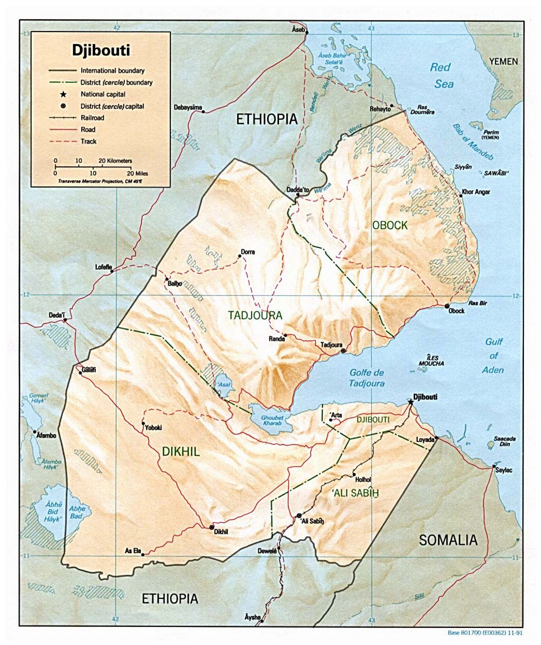Детальная политическая и административная карта Джибути с рельефом, дорогами, железными дорогами и крупными городами - 1991