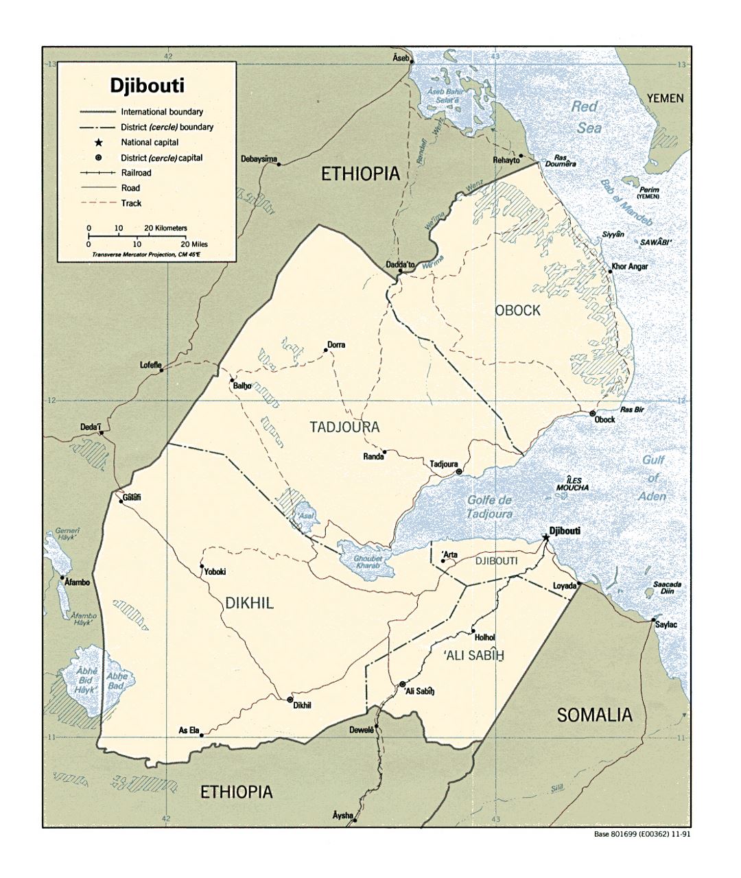 Детальная политическая и административная карта Джибути с дорогами, железными дорогами и крупными городами - 1991