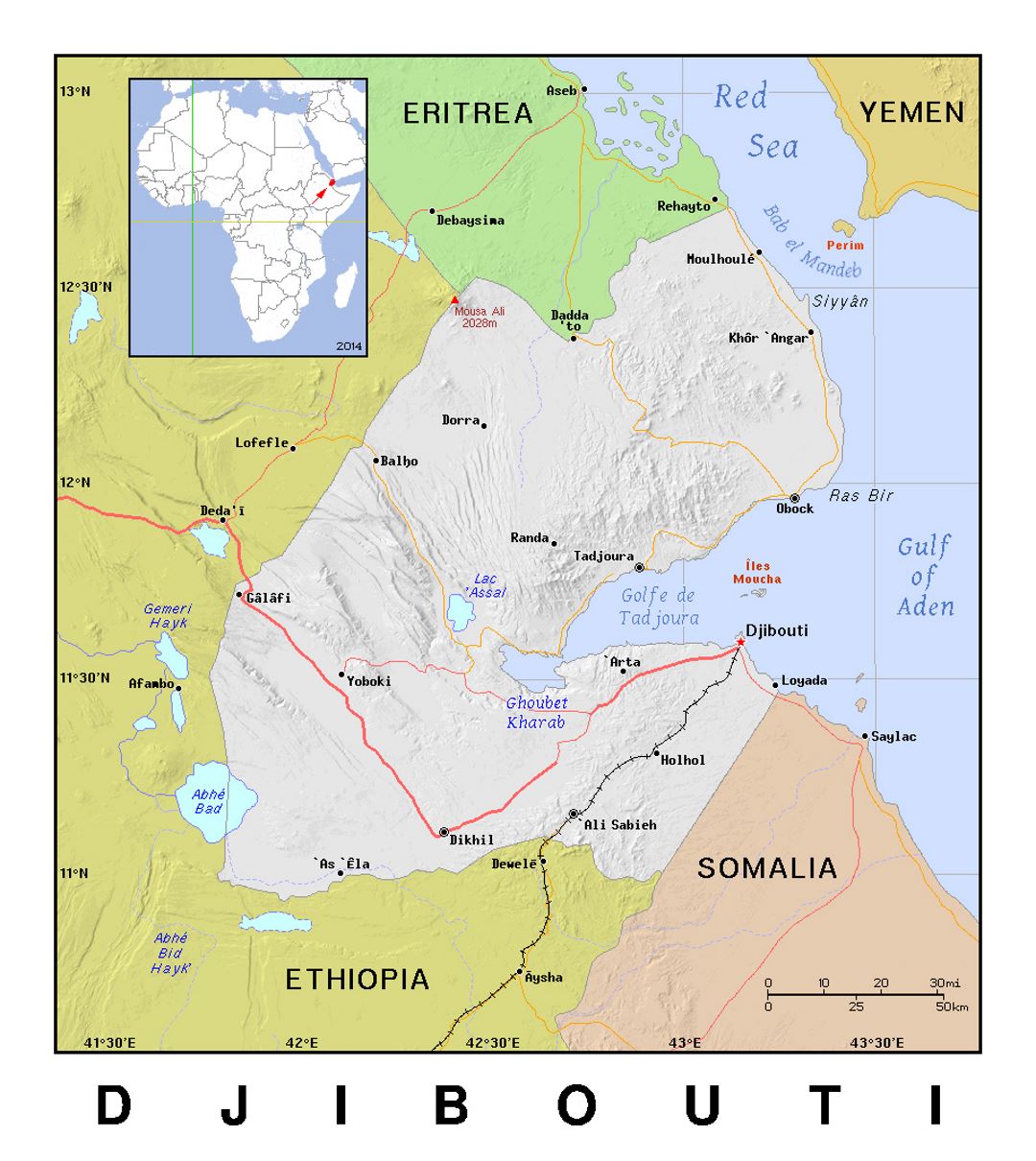 Детальная политическая карта Джибути с рельефом